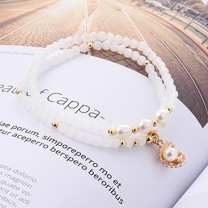 Stretch Bracelets & Charm Bracelets Sets, with Faceted Glass Beads, Brass Beads, Natural Pearl Beads, Plastic Imitation Pearl Beads and Alloy Charms, Shell Shape, Golden