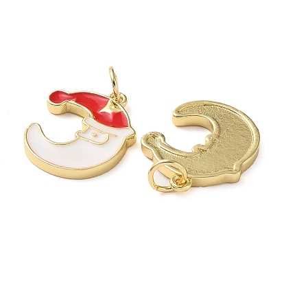Christmas Rack Plating Brass Pendants, with Jump Ring and Enamel, Long-Lasting Real 18K Gold Plated, Cadmium Free & Lead Free, Moon with Christmas Hat Charm