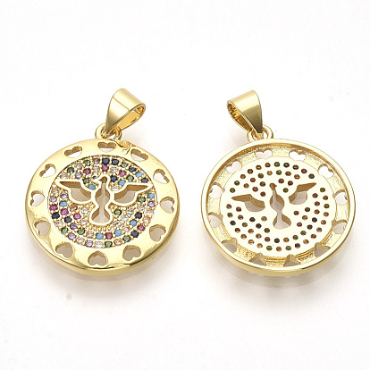 Brass Micro Pave Cubic Zirconia Pendants, Flat Round with Bird, Colorful