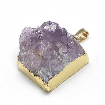 Plated Natural Druzy Amethyst Pendants, with Brass Findings, Square, Golden