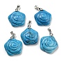 Natural Gemstone Carved Pendants, Flower Charms with Rack Plating Platinum Plated Brass Pinch Bails