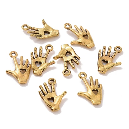 Tibetan Style Alloy Pendants, Hand with Hollow Out Heart Charms