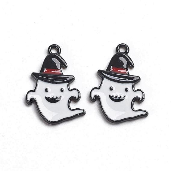Gunmetal Plated Alloy Enamel Pendants, for Halloween, Ghost with Witch Hat