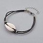 Cowhide Leather Cord Bracelets, with Cowrie Shell Beads and 304 Stainless Steel Lobster Claw Clasps