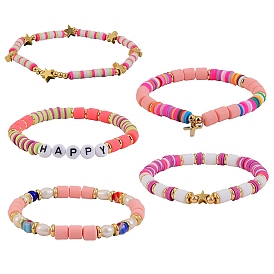 5 pcs 5 style happy disc & column perles ensembles de bracelets extensibles pour adolescentes femmes, bracelet fait main en pâte polymère & laiton & perles émail acrylique