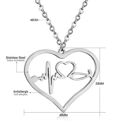 SHEGRACE Stainless Steel Pendant Necklaces, with Lobster Claw Clasps and Cable Chains, Heart with Heartbeat