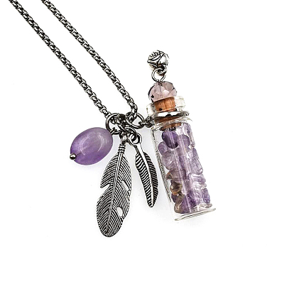 Natural Gemstone Chips Perfume Bottle Pendant Necklace, with Stainless Steel Feather and Random Shapes Gemstone Pendants, Essential Oil Vial Jewelry for Women