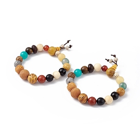 Bracelet extensible en perles rondes avec pierres précieuses mélangées naturelles, bracelet de perles de mala de gourde en bois pour les femmes