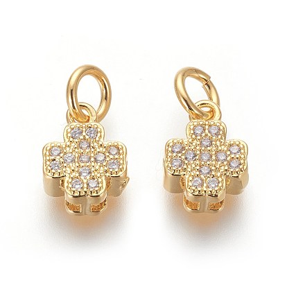 Brass Micro Pave Cubic Zirconia Charms, Lead Free & Cadmium Free, Clear, Clover