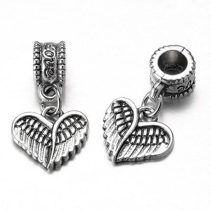 Tibetan Style Alloy European Dangle Charms, Heart with Wing