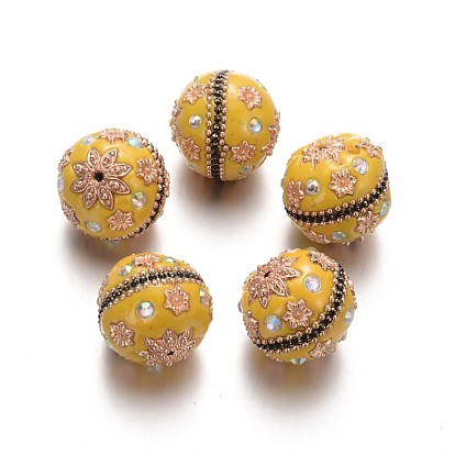 Perles rondes indonésiennes manuelles, avec des strass et des accessoires en alliage plaqué or, 24mm, Trou: 2mm