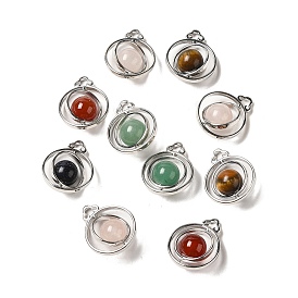 Mixed Gemstone Pendants, Rotatable Round Bead Charms with Brass Findings