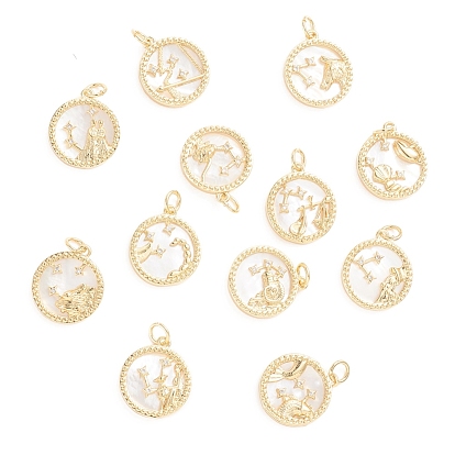 Micro cuivres ouvrent pendentifs zircone cubique, avec coque naturelle et anneau de saut, plat rond avec douze constellations