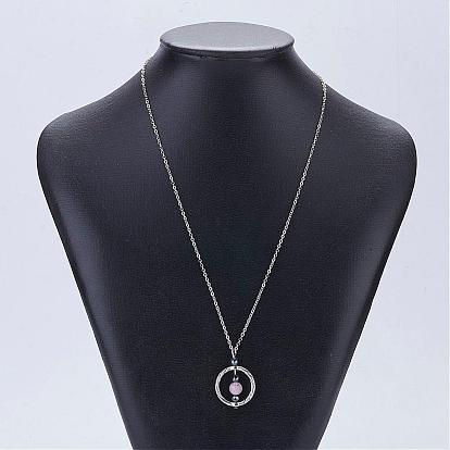 Natural Gemstone Beads Pendant Necklaces, with Non-Magnetic Synthetic Hematite Beads and Brass Chain