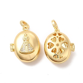 Eco-Friendly Rack Plating Brass Micro Pave Clear Cubic Zirconia Locket Pendants, Long-Lasting Plated, Lead Free & Cadmium Free, Oval with Saint