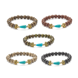 Stretch-Armband mit runden Naturholzperlen und synthetischen türkisfarbenen Tropfen, Yoga-Armband für Frauen