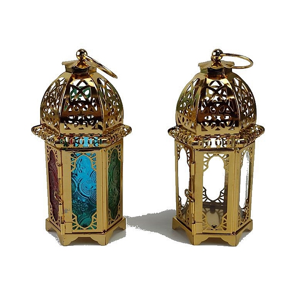 Linterna de vela de ramadán de hierro chapado en oro retro, Portavelas de lámpara colgante decorativa de vidrio portátil para decoración del hogar