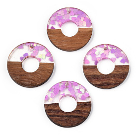 Resin & Walnut Wood Pendants, Donut/Pi Disc Charms with Moon Star Paillettes, Waxed