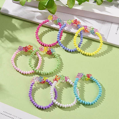 8 piezas 8 pulseras elásticas con cuentas de flores y rondelle facetado de acrílico opaco de color, pulseras infantiles para niñas