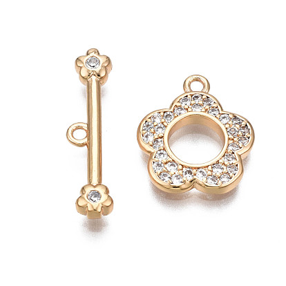 Brass Micro Pave Clear Cubic Zirconia Toggle Clasps, Nickel Free, Flower