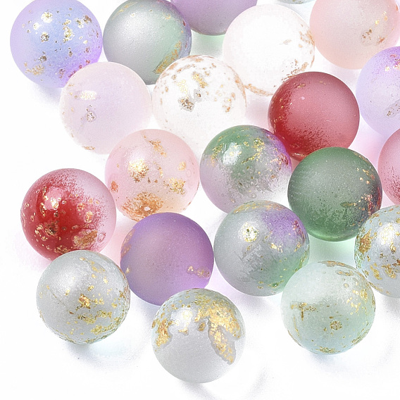 Perles de verre dépoli peintes à la bombe transparente, avec une feuille d'or, pas de trous / non percés, ronde