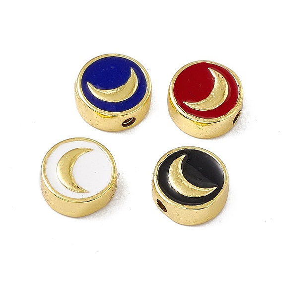 Real 18K Gold Plated Brass Enamel Beads, Long-Lasting Plated, Cadmium Free & Lead Free, Flat Round with Moon