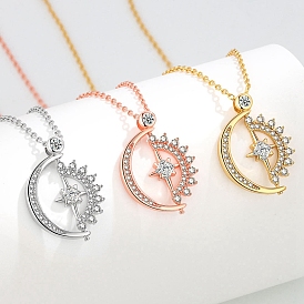 Brass with Clear Cubic Zirconia Rotating Pendant Necklace, Moon & Star