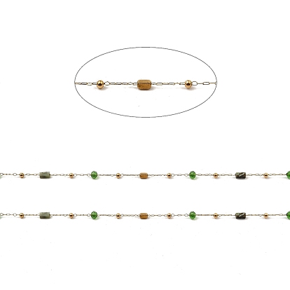 Chaînes à maillons perlées cuboïdes naturelles mélangées avec pierres précieuses et rondelles de verre, avec des chaînes de trombones dorées 304 en acier inoxydable, soudé, avec bobine