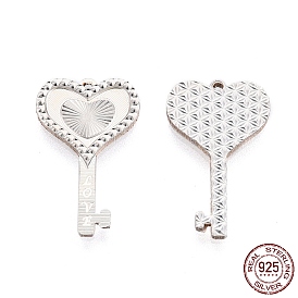 925 Sterling Silver Pendants, Heart Skeleton Key with Word Love Charms, for Valentine's Day