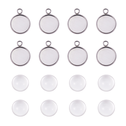 DIY Pendant Making, 304 Stainless Steel Pendant Cabochon Settings and Flat Round Glass Cabochons, Clear