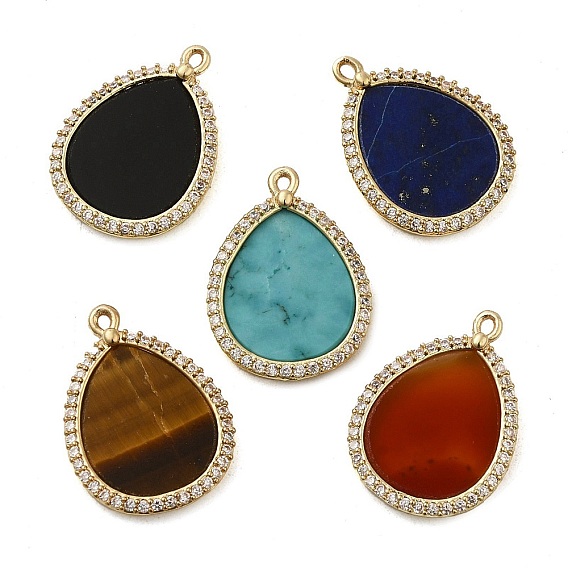 Natural Gemstone Pendants, Teardrop Charms with Rack Plating Gloden Tone Brass Micro Pave Clear Cubic Zirconia Findings