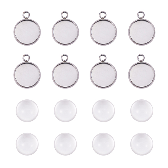 Поделки кулон решений, 304 подвесные кабошоны из нержавеющей стали и плоские круглые стеклянные кабошоны, прозрачные