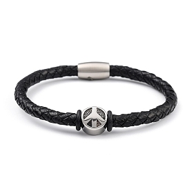 Braided Leather Cord Bracelets, with 304 Stainless Steel European Beads and Magnetic Clasps