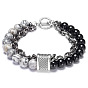 Natural Mixed Stone Beaded Double Layer Multi-strand Bracelets, with Iron Chains