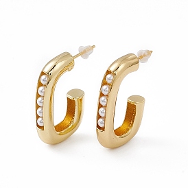 Plastic Pearl Beaded Oval Stud Earrings, Brass Half Hoop Earrings for Women, Lead Free & Cadmium Free