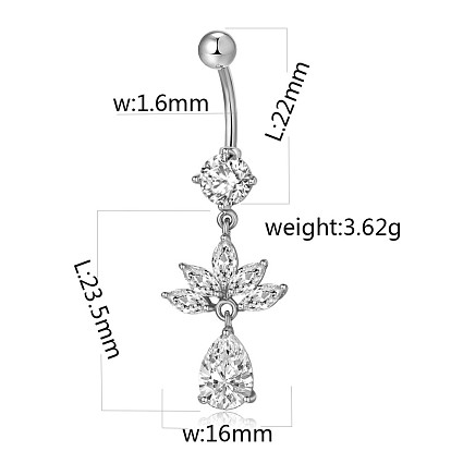 Piercing Jewelry, Brass Cubic Zirciona Navel Ring, Belly Rings, with 304 Stainless Steel Bar, Lead Free & Cadmium Free, Drop