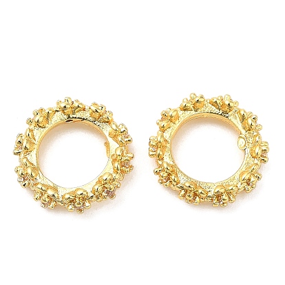 Rack Plating Brass Micro Pave Cubic Zirconia Beads, Long-Lasting Plated, Lead Free & Cadmium Free, Flat Round with Flower