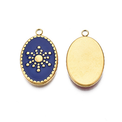 304 Stainless Steel Enamel Pendants, Real 18K Gold Plated, Oval with Sun