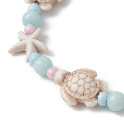 Bracelet de cheville en perles tressées, étoile de mer et tortue, jade naturel de malaisie et turquoise synthétique, Bracelets de cheville réglables avec cordons en nylon sur le thème de l'océan