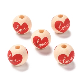 Printed Wood European Beads, Large Hole Beads, Round with Heart and Word Love Pattern