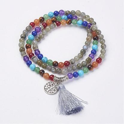 Natural Gemstone Beads Necklaces, with Polyester Tassel and Alloy Findings