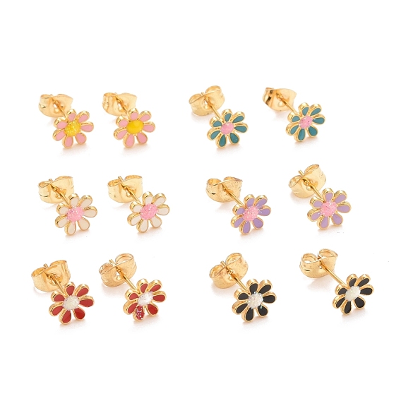 Mixed Color Bling Enamel Daisy Flower Stud Earrings, 304 Stainless Steel Earrings with 316 Surgical Stainless Steel Pins for Women