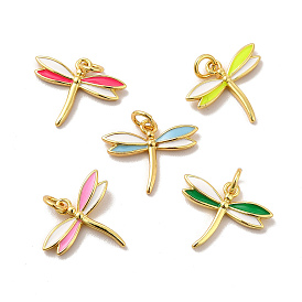Rack Plating Brass Enamel Pendants, with Jump Rings, Long-Lasting Plated, Lead Free & Cadmium Free, Real 18K Gold Plated, Dragonfly Charm