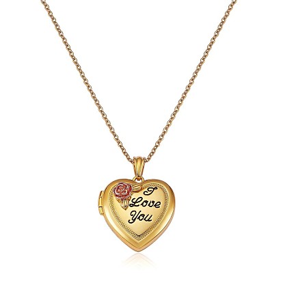 Coeur avec collier pendentif médaillon photo fleur rose, mot je t'aime bijoux commémoratifs en laiton pour femmes