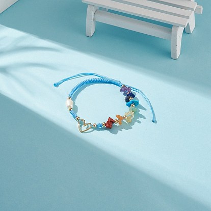 Bracelets de perles tressées en pierres naturelles mélangées et perles d'eau douce, bracelet à maillons coeur en laiton pour homme femme