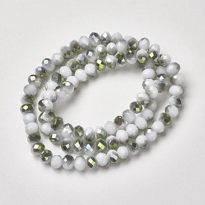 Electroplate Opaque Glass Beads Strands, Half Green Plated, Faceted, Rondelle