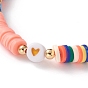 Bracelets extensibles de perles heishi en argile polymère, avec des perles de coeur en émail acrylique et des perles en laiton