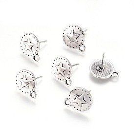 Tibetan Style Stud Earring Findings, with Loop, Cadmium Free & Lead Free, Flat Round, 15x12mm, Pin: 1mm, Hole: 2mm