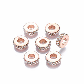 Alloy European Beads, with Crystal Rhinestones, Large Hole Beads, Flat Round