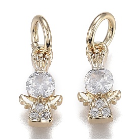 Brass Micro Pave Clear Cubic Zirconia Charms, Long-Lasting Plated, with Jump Ring, Angel